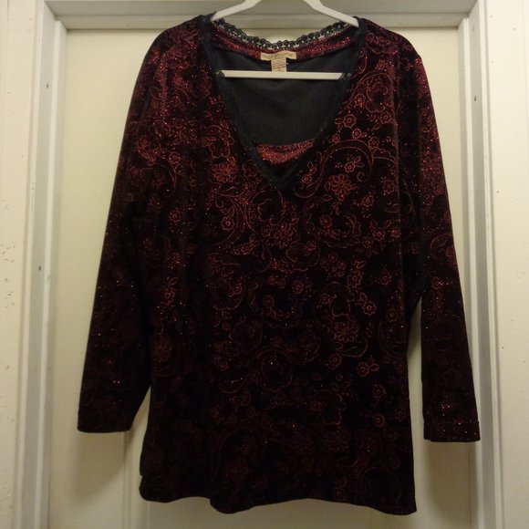 RETRO NOTATIONS BURGANDY & BLACK GLITTER BLING BLOUSE 3 X - Picture 1 of 5